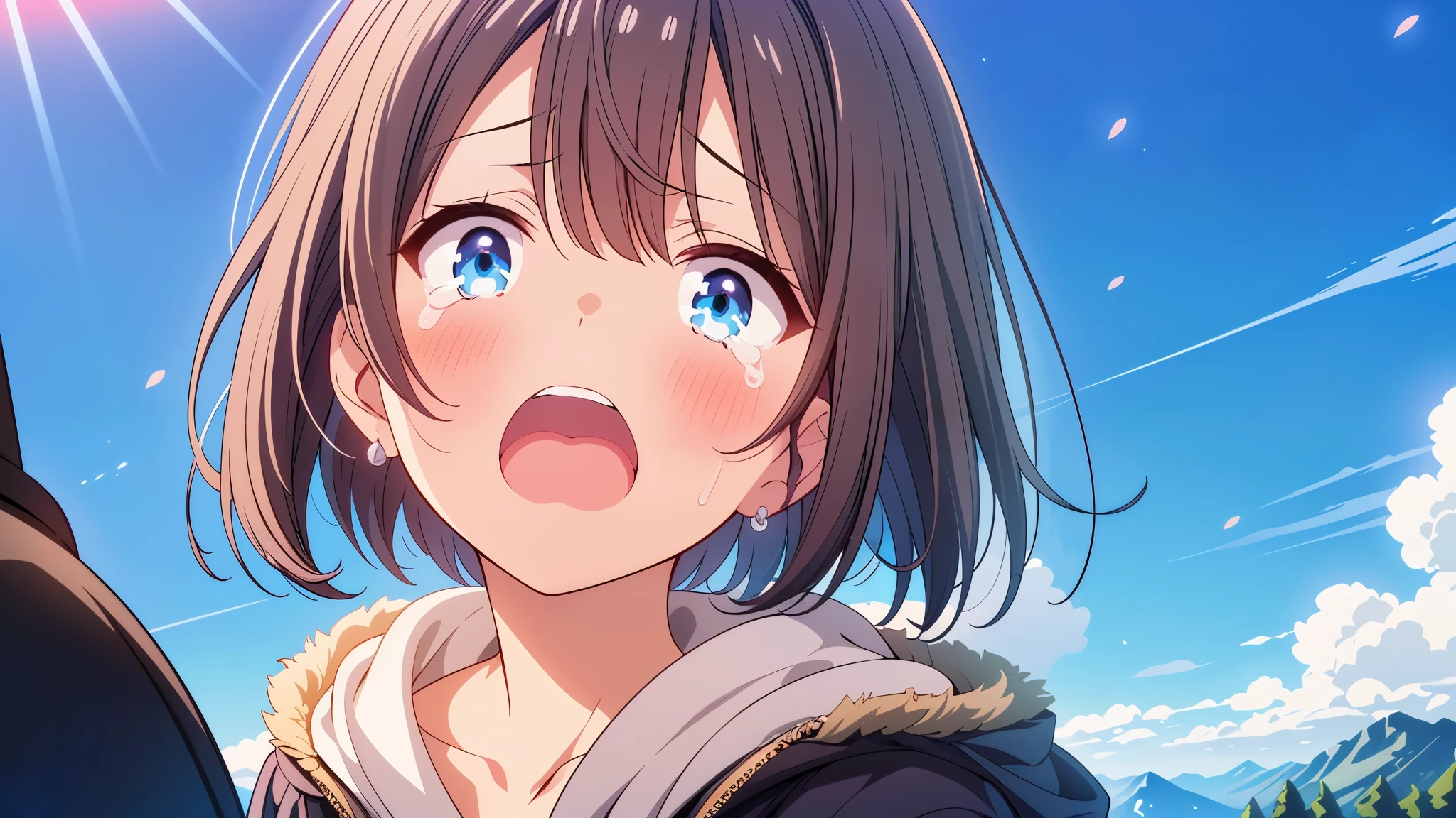 1girl,(((Highest quality、Masterpiece、Official Art、The best dynamic composition、HD、Super detailed)))、70-year-old grandma、Gray and blue gradation hair、overhead shot, upper body, snow mountain, concept art, shedding tears、He kneels on the ground, looking up at the sky with a sad expression on his face.、Shouting with a big mouth、