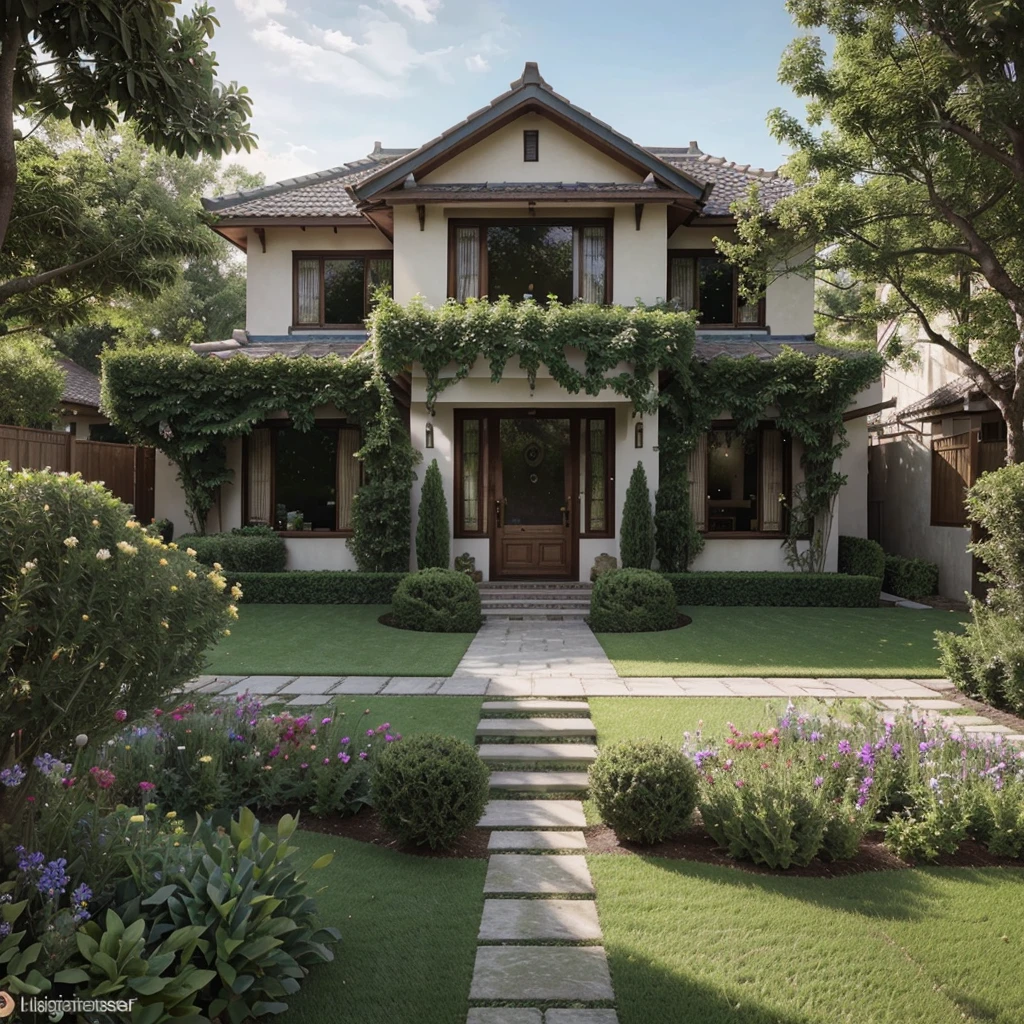 photo of house with large lawn and small garden, exterior design, beautiful house, wide angle exterior 2022, traditional, by Kanbun Master, high quality rendering, Exterior, garden, many flowers, design house, beautiful masterpiece; works, realistic style, overall architectural design, architectural visualization, villa, rendering, 4K), concept house, 4k), code