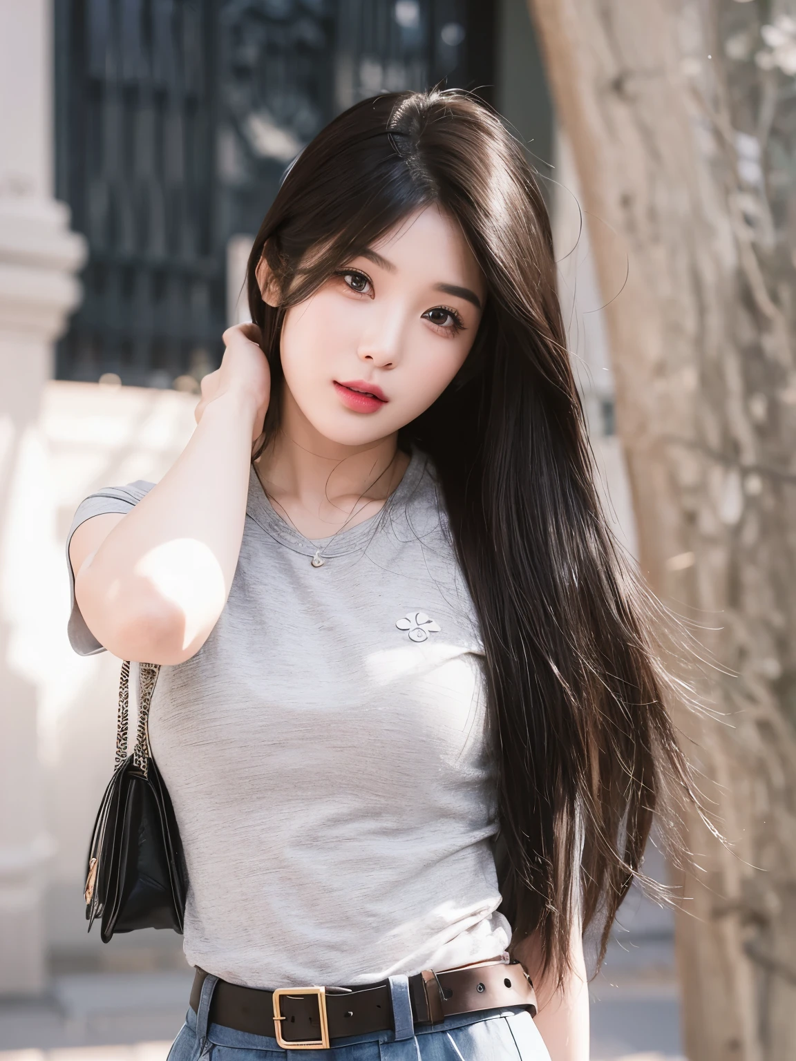 masterpiece, Best quality,Girl with dark brown hair，Facing the camera，Middle parted bangs hairstyle，Long straight hair，黑茶色Long straight hair，23 years old，Chinese Girl，Sweet girl，a girl，Exquisite facial features，
