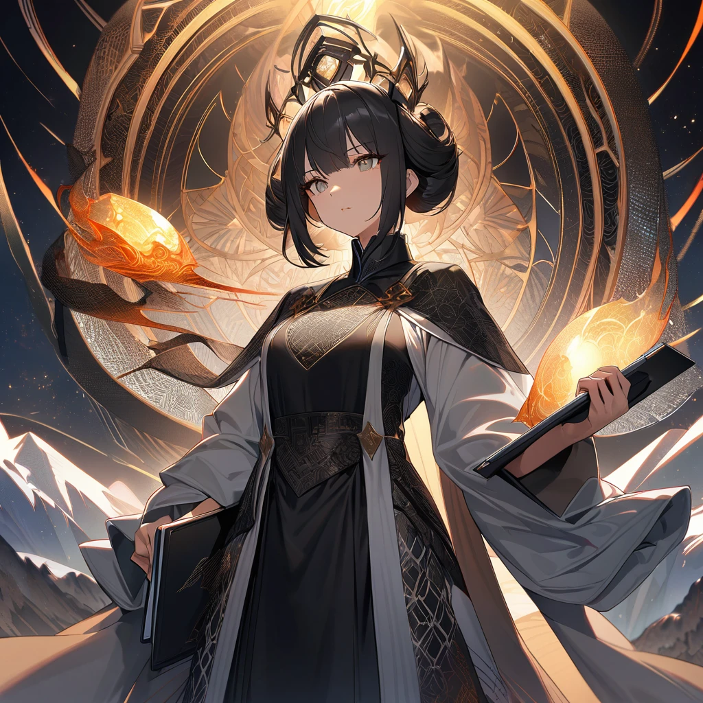 A Severe Judge's loyal Assistant with a clipboard in hand, a meticulous young woman, embodying precision and diligence, stands erect in a serene cosmic landscape. She wears a traditional professional attires, its pristine black abric exuding cleanliness and rigor. The intricate patterns, as if infused with celestial energy.