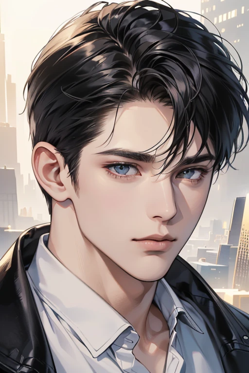 (best quality digital art digital illustration 4k high resolution beautiful image hyper-detailed image perfect lines soft lighting night environment smooth zoom perfect face) (1:1 photorealistic) (neutral colors hdr 1.4) (anime style) an adult 25 year old man (expressionless perfect detailed face) medium black hair modern clothes dystopia