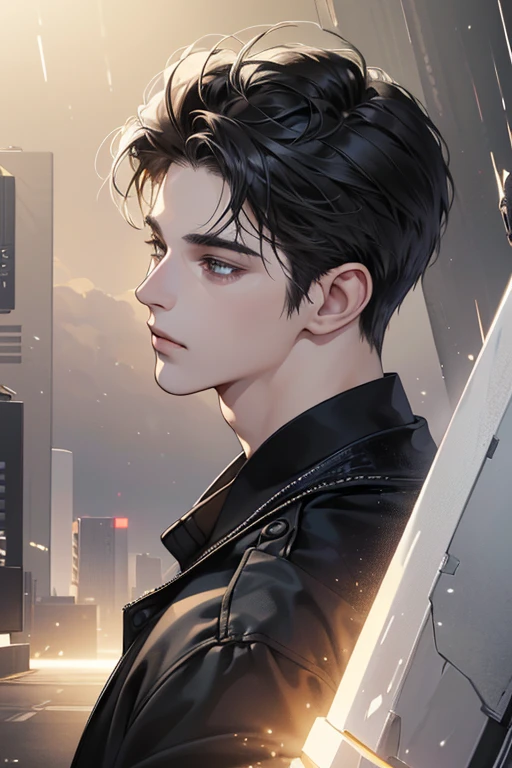 (best quality digital art digital illustration 4k high resolution beautiful image hyper-detailed image perfect lines soft lighting night environment smooth zoom perfect face) (1:1 photorealistic) (neutral colors hdr 1.4) (anime style) an adult 25 year old man (expressionless perfect detailed face) medium black hair modern clothes dystopia