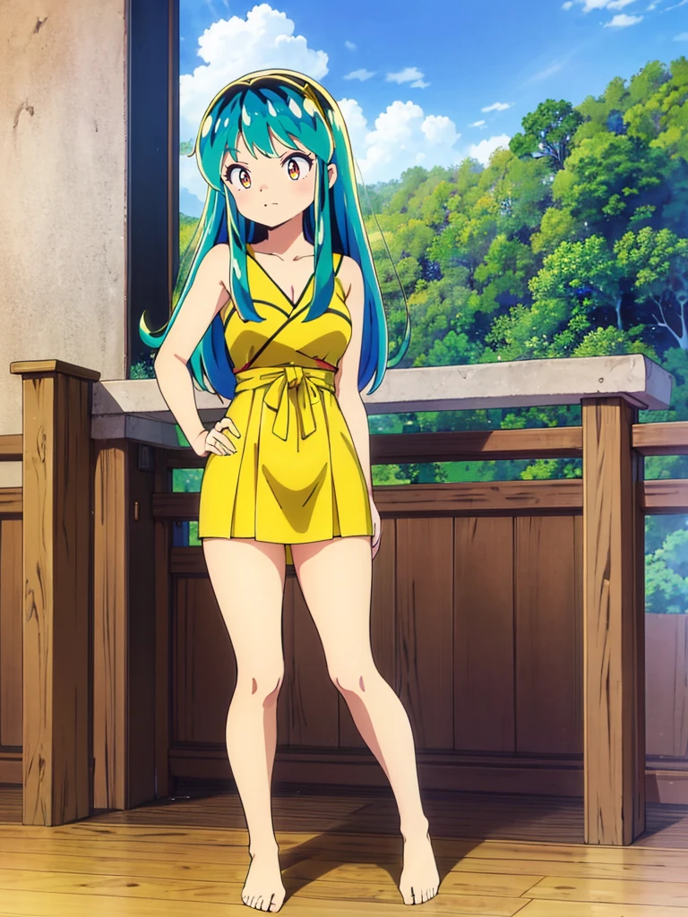 masterpiece, Highest quality, 1 Girl, Lum, (Naked 1.3）, anime, Charm, 18-year-old,  Are standing,  High definition, From before, Japan, Green Hair, smile, 1980年代animeスタイル. Beautiful nipples