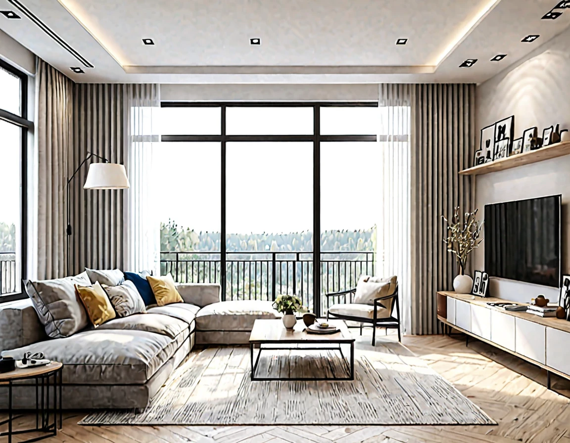Nordic interior style, living room design renderings, daytime, sharp details