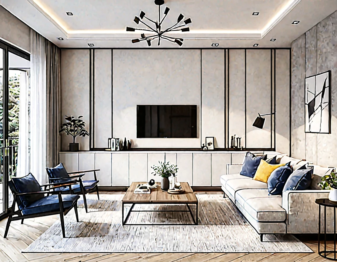 Nordic interior style, living room design renderings, daytime, sharp details