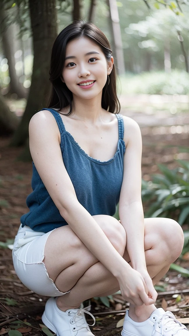 masterpiece, best quality, Surreal, Ultra Detailed, 8k resolution, RAW photos, Clear focus, (A girl in the forest),Asian woman in a blue top and white shorts posing for a photo,Breast augmentation, Full body posture, Solitary, Perfect body, Become a, 32 inches in the chest,(a charming smile:1), (sexy pose),26 years old, light,White shoes,Nozomi Takemura, Oka Yasumoto, Chiho, Ogata Aoi, Motto Cave, Yoshitomo Nara, Kakinuchi Megumi, Harumi, Kojima De Ami, Beichuan Marin
