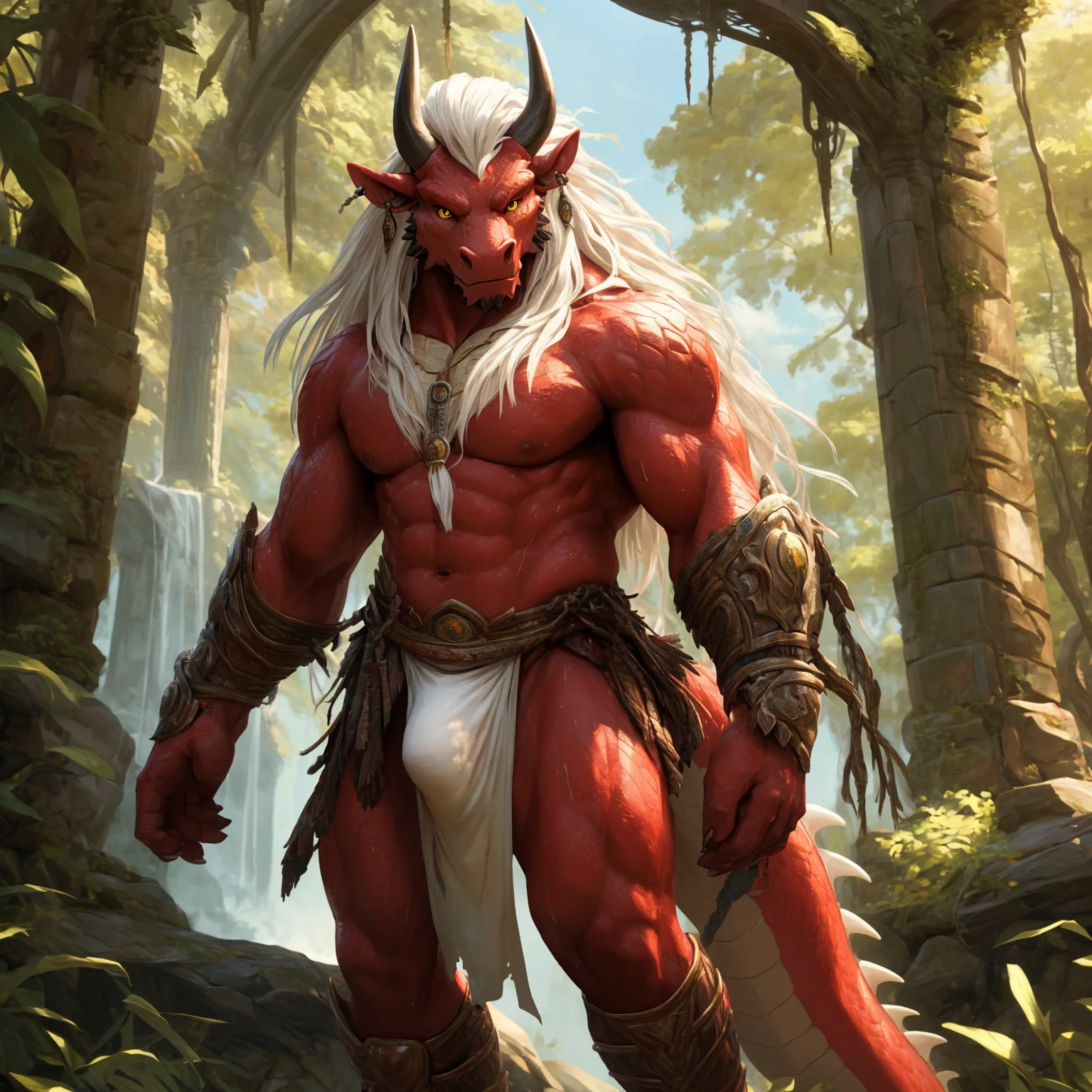 ultra-detailed, masterpiece, masterwork, high quality, best quality, hdr, (nature), nsfw, male, solo, dragon, ((nude, bulge loincloth, white loincloth)), (little red body minotaur), (white body), (long golden hair, yellow eyes, cool eyes), standing, cross your arms, dynamic angle, earrings, sweat