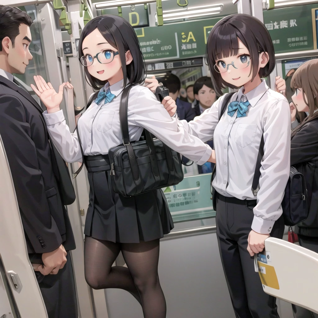 Highest quality, Super detailed, figure,
Multiple Girls, Small breasts , Black Hair, Glasses, school bag, smile, Laughter, View your viewers, crowded train、Lots of schoolgirls、1man、A man stands behind a woman、A man is touching a woman's ass、
e235, Inside the train, scenery, Sheet, window, screen, Realistic, photograph background, photograph (Moderate), photographRealistic, close、Surrounded by men1Schoolgirlolester