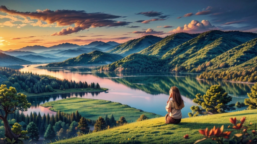 a girl climbing up a tree, waiting for the sunrise, lake, beautiful nature, distant mountains, (best quality,4k,8k,highres,masterpiece:1.2),ultra-detailed,(realistic,photorealistic,photo-realistic:1.37),morning light, serene, tranquil, peaceful, atmospheric, warm colors, golden hour, soft lighting, cinematic, mist, forest, lush foliage, detailed landscape, picturesque, natural scenery, stunning vista, dramatic sky, breathtaking