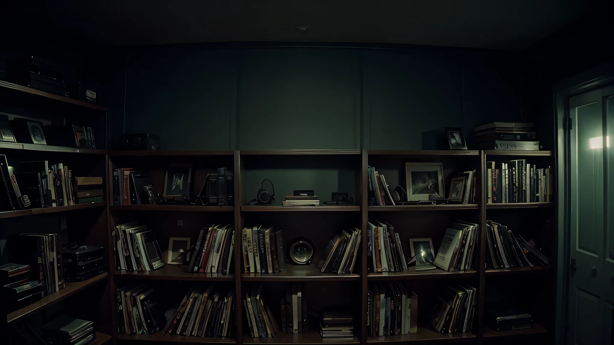 Shelves full vhs, found footage filter, paranormal, midnight, mysterious atmosphere, symmetrical composition, night vision filter