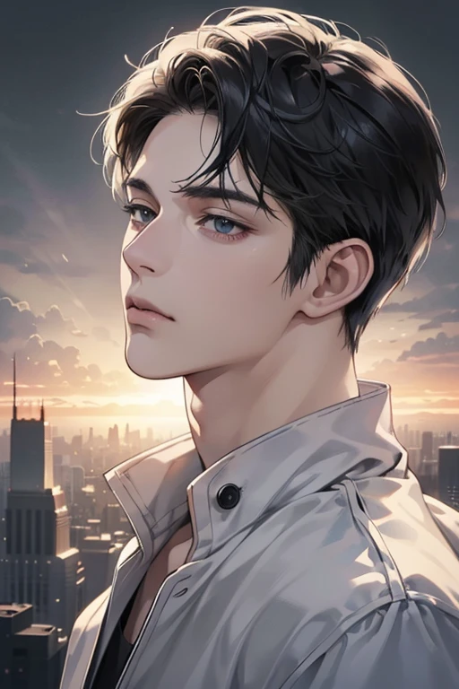 (best quality digital art digital illustration 4k high resolution beautiful image hyper-detailed image perfect lines soft lighting night environment smooth zoom perfect face) (1:1 photorealistic) (neutral colors hdr 1.4) (anime style) an adult 25 year old man (expressionless perfect detailed face) medium black hair modern clothes dystopia