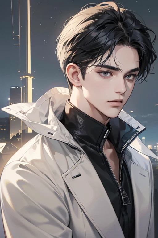 (best quality digital art digital illustration 4k high resolution beautiful image hyper-detailed image perfect lines soft lighting night environment smooth zoom perfect face) (1:1 photorealistic) (neutral colors hdr 1.4) (anime style) an adult 25 year old man (expressionless perfect detailed face) medium black hair modern clothes dystopia
