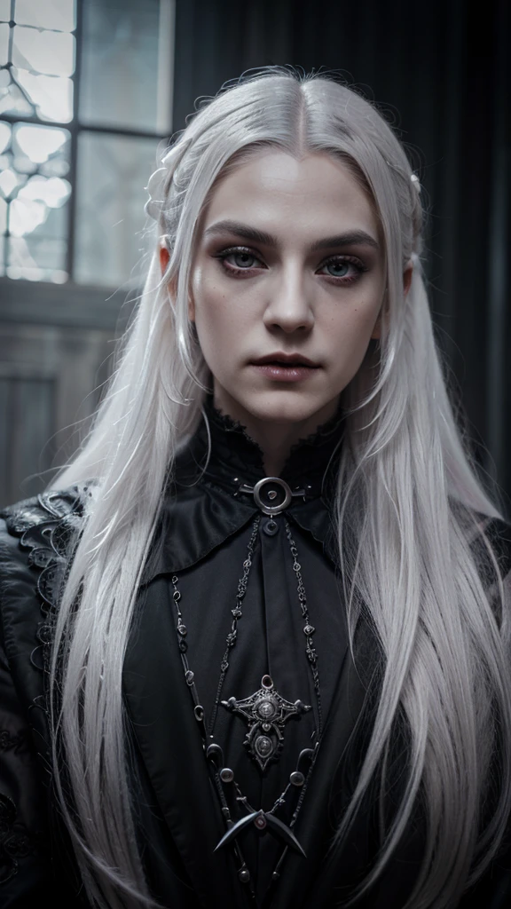 Insanely detailed photograph of a gorgeous vampire man, goth Renaissance, long voluminous white hair, intricate white eyes, fantastical, vampire, ethereal, hyperdetailed, 32k resolution, dynamic lighting, hyperdetailed, intricately detailed, trending on Artstation, triadic colors, volumetric lighting, BalenciagaStyle