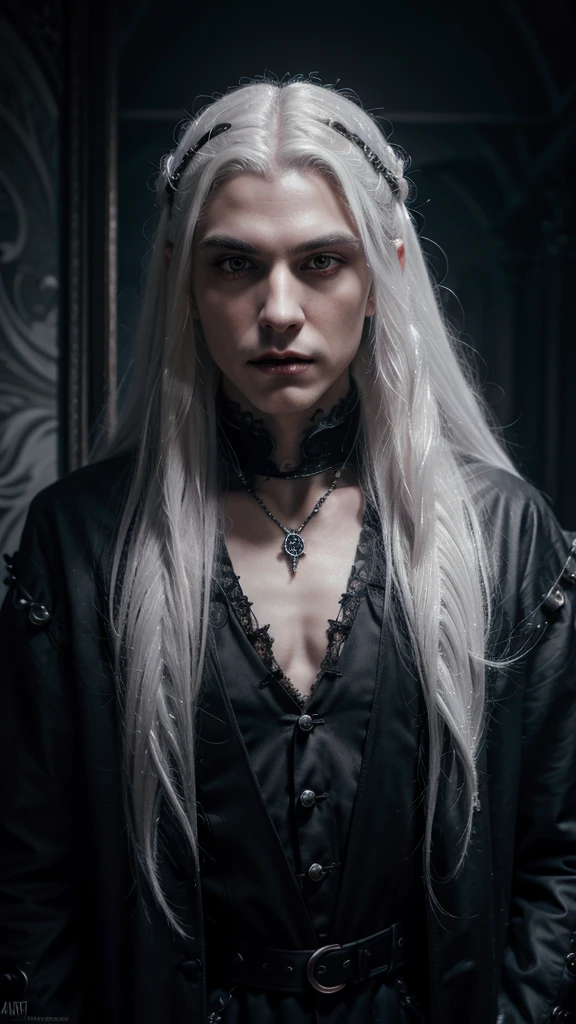Gothic young and tall lovely vampire man with big indigo eyes and long white hair