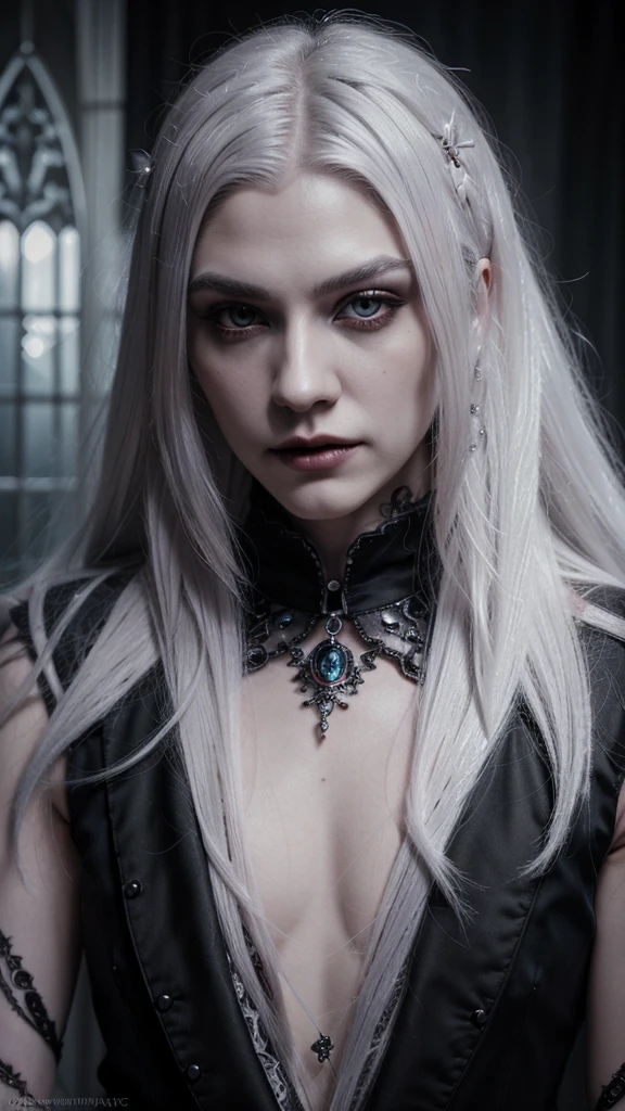 Insanely detailed photograph of a gorgeous vampire man, goth Renaissance, long voluminous white hair, intricate white eyes, fantastical, vampire, ethereal, hyperdetailed, 32k resolution, dynamic lighting, hyperdetailed, intricately detailed, trending on Artstation, triadic colors, volumetric lighting, BalenciagaStyle