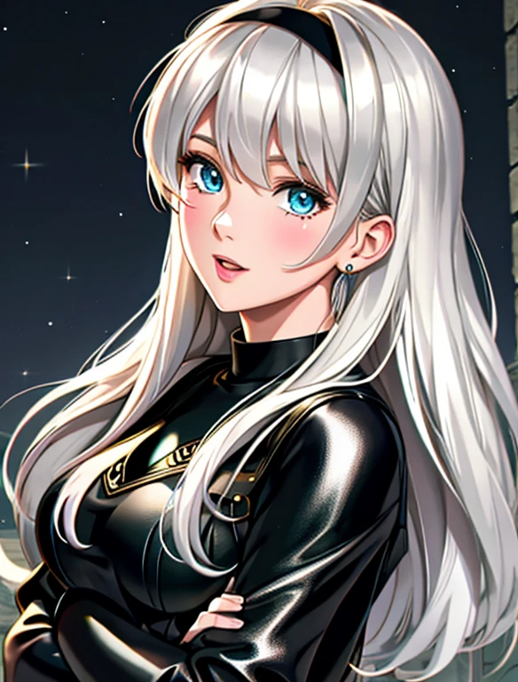 (best quality, masterpiece, colorful, highest detailed) upper body photo, fashion photography of cute (Gwen Stacy), long platinum blonde hair and bright blue eyes. She's wearing a Black headband, olive green sweater, shiny black leggings and Ugg Boots. (ultra-detailed body), (light smile:0.3), moonlight passing through hair, (silver lake background:1.3), (intricate details), (dynamic angle)