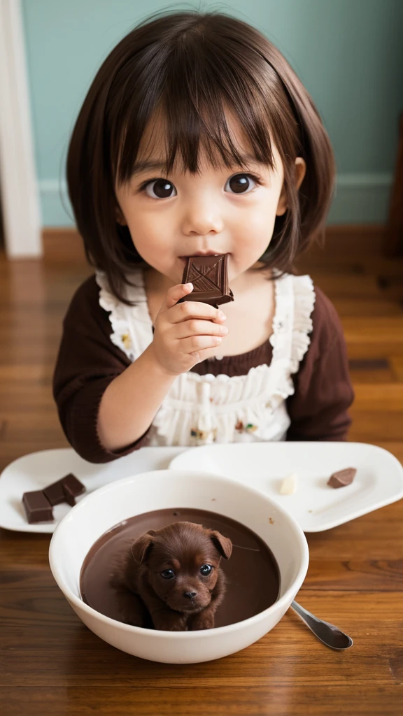 A small chocolate dog eating
