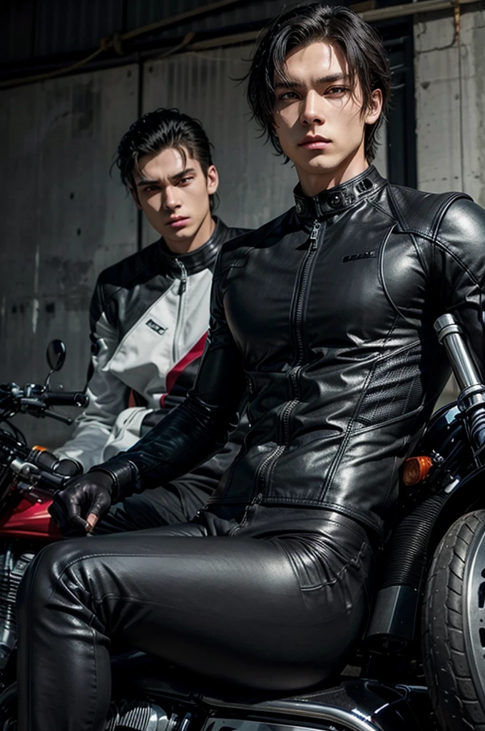 man, with motorcycle suit, model, high, with muscular body, with short black hair, modeling.