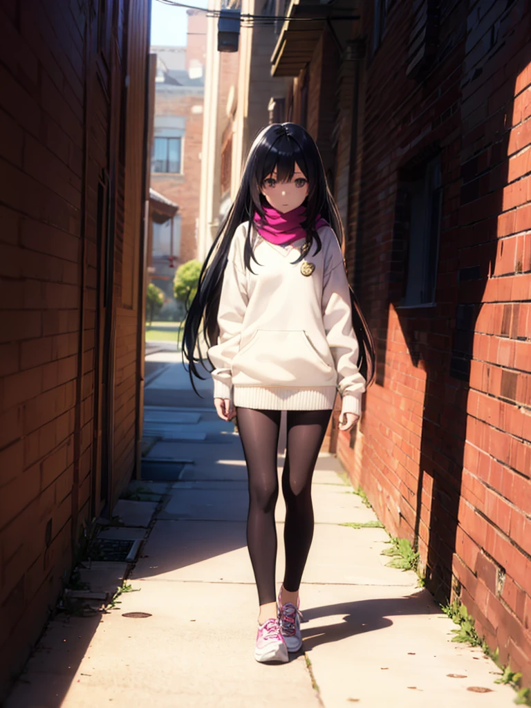 1girl,,legwear,,anklet,black hair,straight_hair,hime cut,long hair,sneakers,huge filesize,scarf,