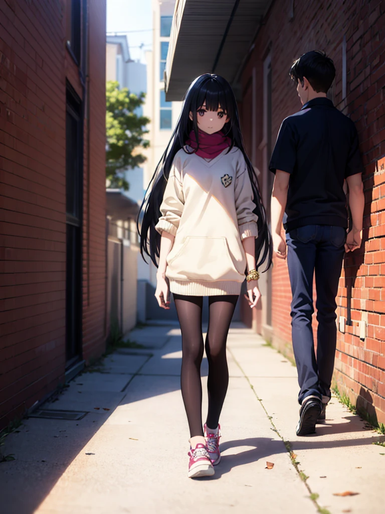 1girl,,legwear,,anklet,black hair,straight_hair,hime cut,long hair,sneakers,huge filesize,scarf，