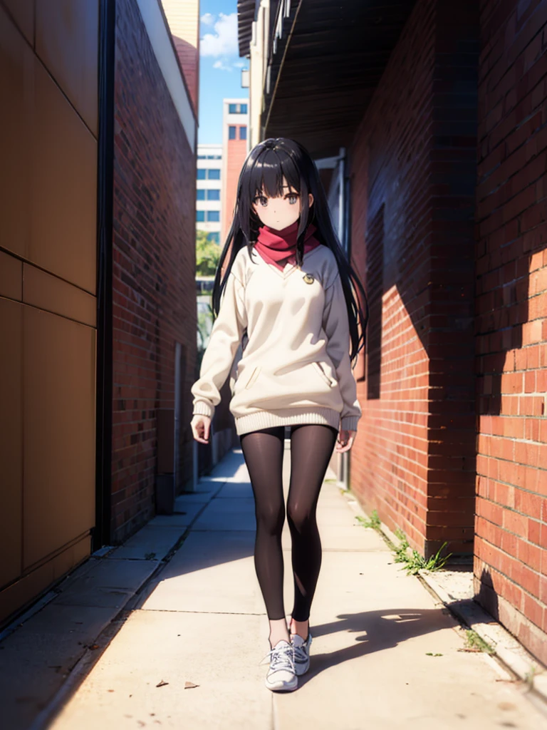 1girl,,legwear,,anklet,black hair,straight_hair,hime cut,long hair,sneakers,huge filesize,scarf，