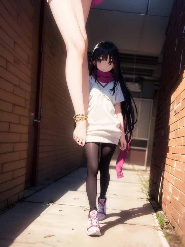 1girl,,legwear,,anklet,black hair,straight_hair,hime cut,long hair,sneakers,huge filesize,scarf,