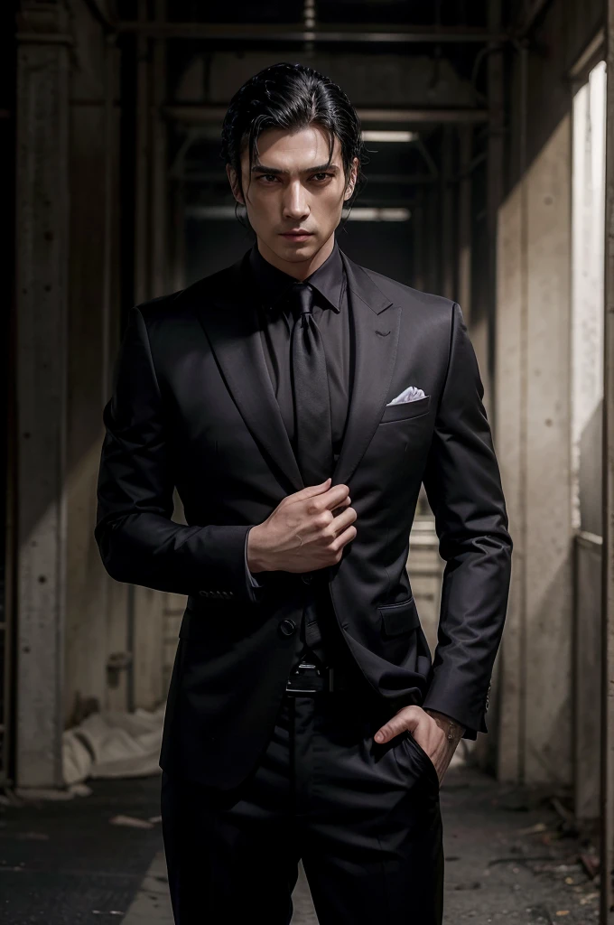 man, tall and fit, as mafia boss, in completely black suit, shirtless, with short black hair, while sexy modeling, in different positions.