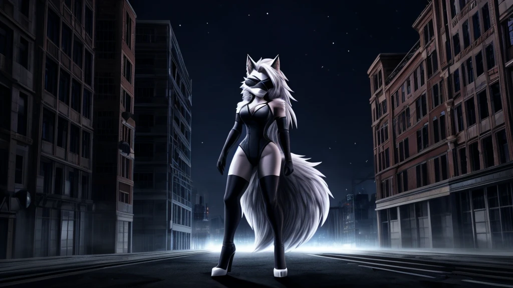 Loona from Helluva Boss, female white wolf, anthro, mature adult, fluffy short white hair, blindfold, white bodysuit combat, standing, dark, night, above a building, serious, detailed, solo, beautiful, high quality, 4K