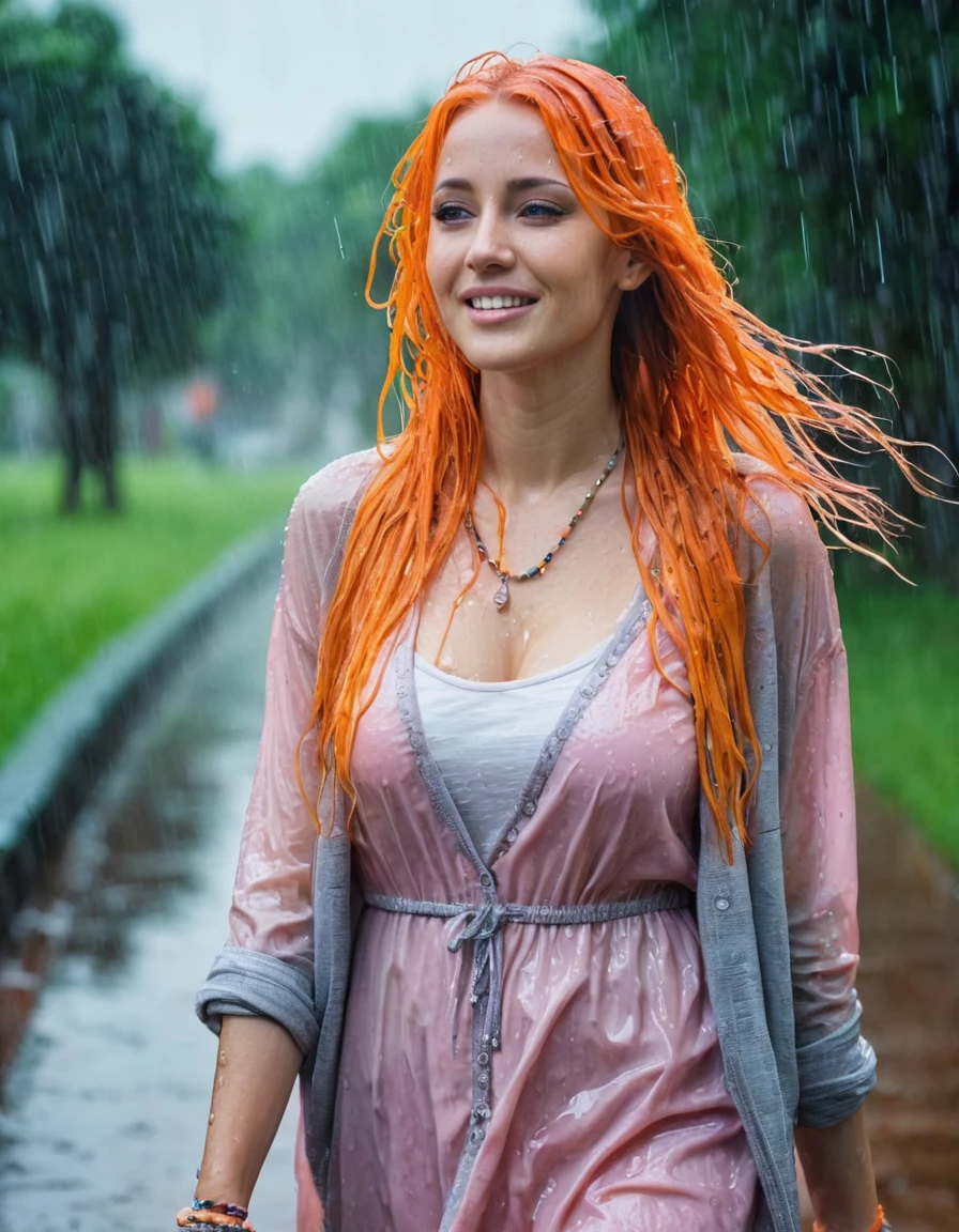 beautifull Woman with long pink hair, wet pink hair, walking in summer rain, ((in city park)), ((fully clothed)),, ((rain)), long orange summer dress, light grey cardigan, ((orange dress)), bracelets, jewelry, beads, closeup fantasy with water magic, housewife, overcast, humid, tropical, summery palette, playful, gentle smile, clothes made of water, photorealistic, dripping wet, beautiful realistic photo, hyperrealistic fantasy photo, close up, narrow depth of field, 8k, ((drenched)), ((soaked)), (dripping water), heavy clothes, soaked in oil, medium breasts, lawn, wet all over, wet dripping hair, varied poses,far away shot
