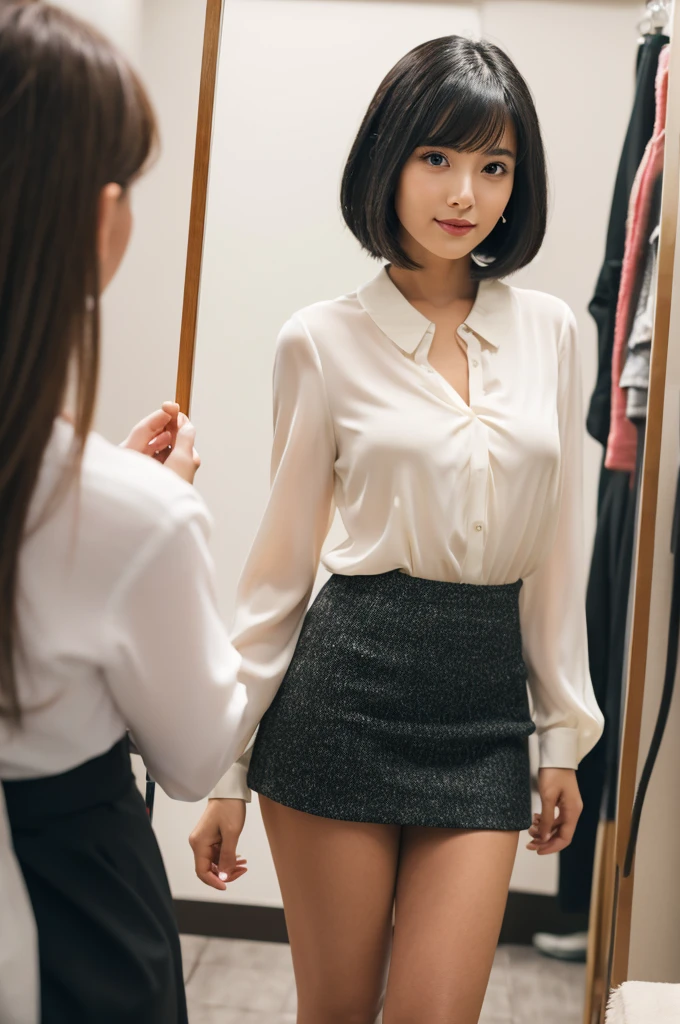 Suit, backstage at studio, talent agency manager,((full body)),((photo)),((best qualtiy, 8K, tmasterpiece:1.3)), Focus:1.2, perfect figure beautiful girl:1.4,1girl,cowboy shot,look at viewer,incredibly absurd, beautiful and cute girl with a photorealistic face, showcasing top-quality craftsmanship, Japanese woman standing in the dressing room for a commercial shoot, 20 years old, shoulder-length bob cut, thick, straight black hair with bangs, shiny black hair, large eyes, round face, long eyelashes, soft smile, thin eyebrows, small nose, glossy lips, smooth skin, fair skin, fine-grained skin, tall, slender figure, well-balanced proportions, delicate limbs, small B-cup breasts, white blouse, black tight skirt, heeled pumps, watch, earrings, pretty older woman, beautiful, neat, fashionable, cheerful, positive, curious, sociable, responsible, highly trusted by those around her, October