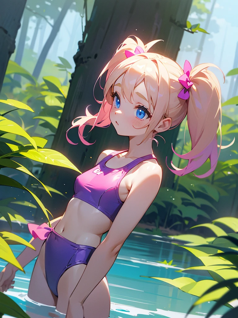 1 girl, two pigtails falling over her shoulders with pink rubber bands, blond hair, blue eyes, wearing a purple two-piece swimsuit, in a forest in front of a beautiful lake