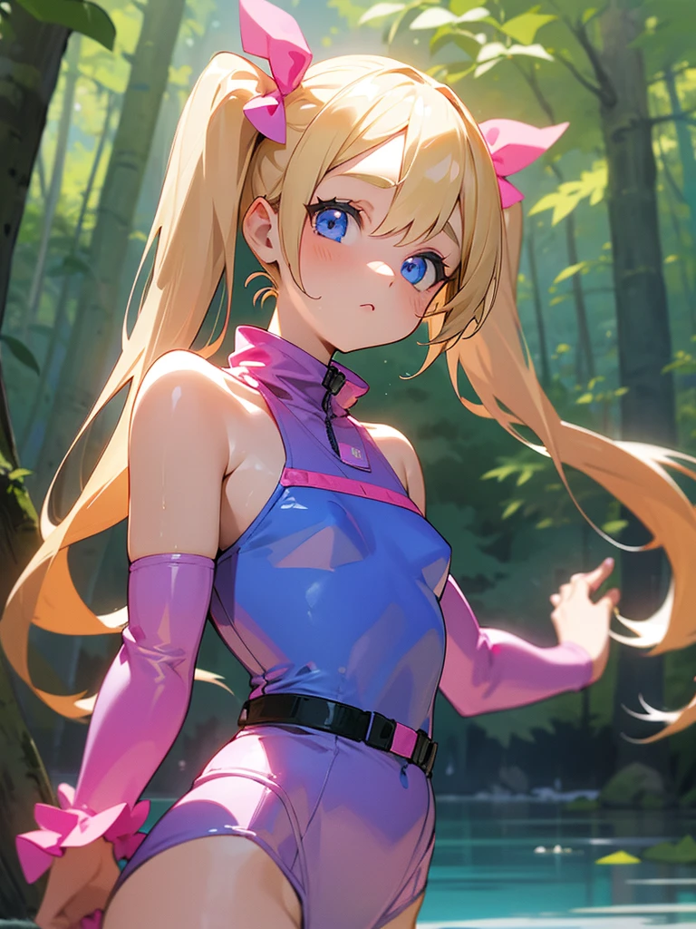 1 girl, two pigtails falling over her shoulders with pink rubber bands, blond hair, blue eyes, wearing a purple two-piece swimsuit, in a forest in front of a beautiful lake