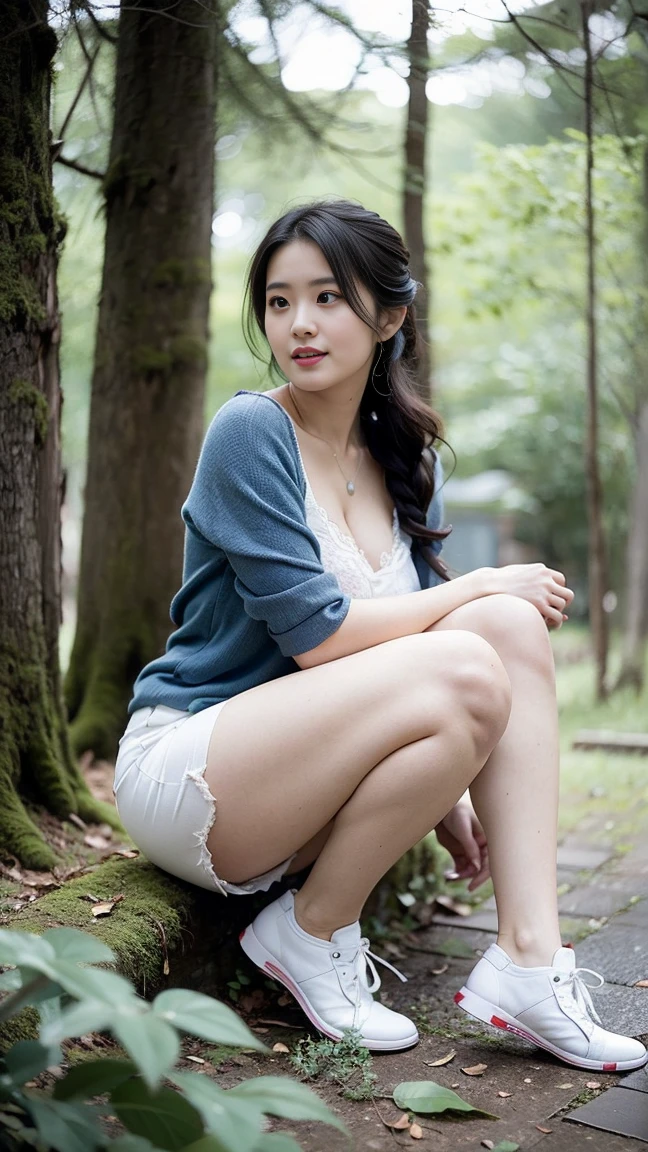 masterpiece, best quality, Surreal, Ultra Detailed, 8k resolution, RAW photos, Clear focus, (A girl in the forest),Asian woman in a blue top and white shorts posing for a photo,Breast augmentation, Full body posture, Solitary, Perfect body, Become a, 32 inches in the chest,(a charming smile:1), (sexy pose),26 years old, light,White shoes,Nozomi Takemura, Oka Yasumoto, Chiho, Ogata Aoi, Motto Cave, Yoshitomo Nara, Kakinuchi Megumi, Harumi, Kojima De Ami, Beichuan Marin