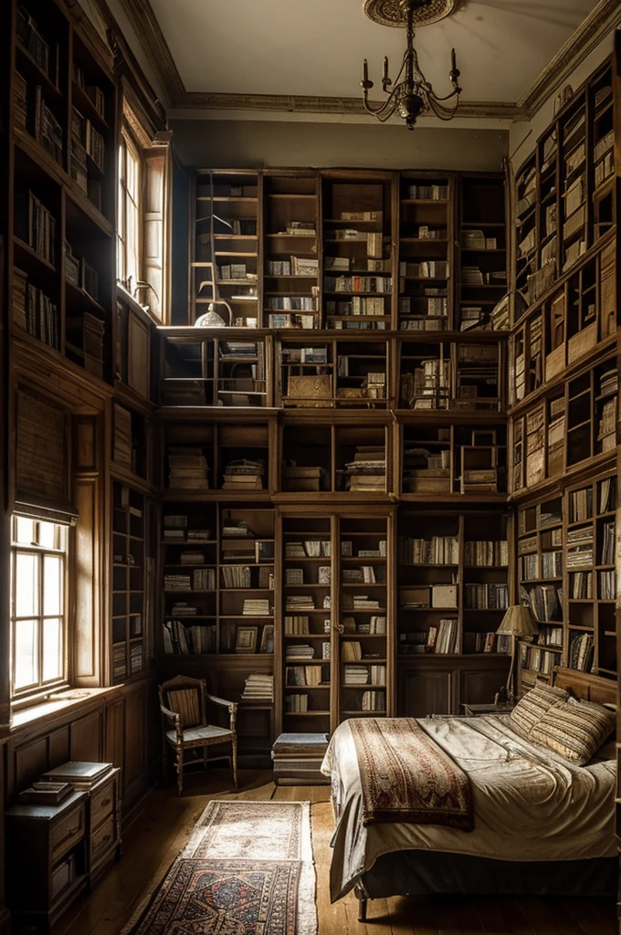  A dusty old room filld with a bunch of old books and with a little light and spider nets everywhere