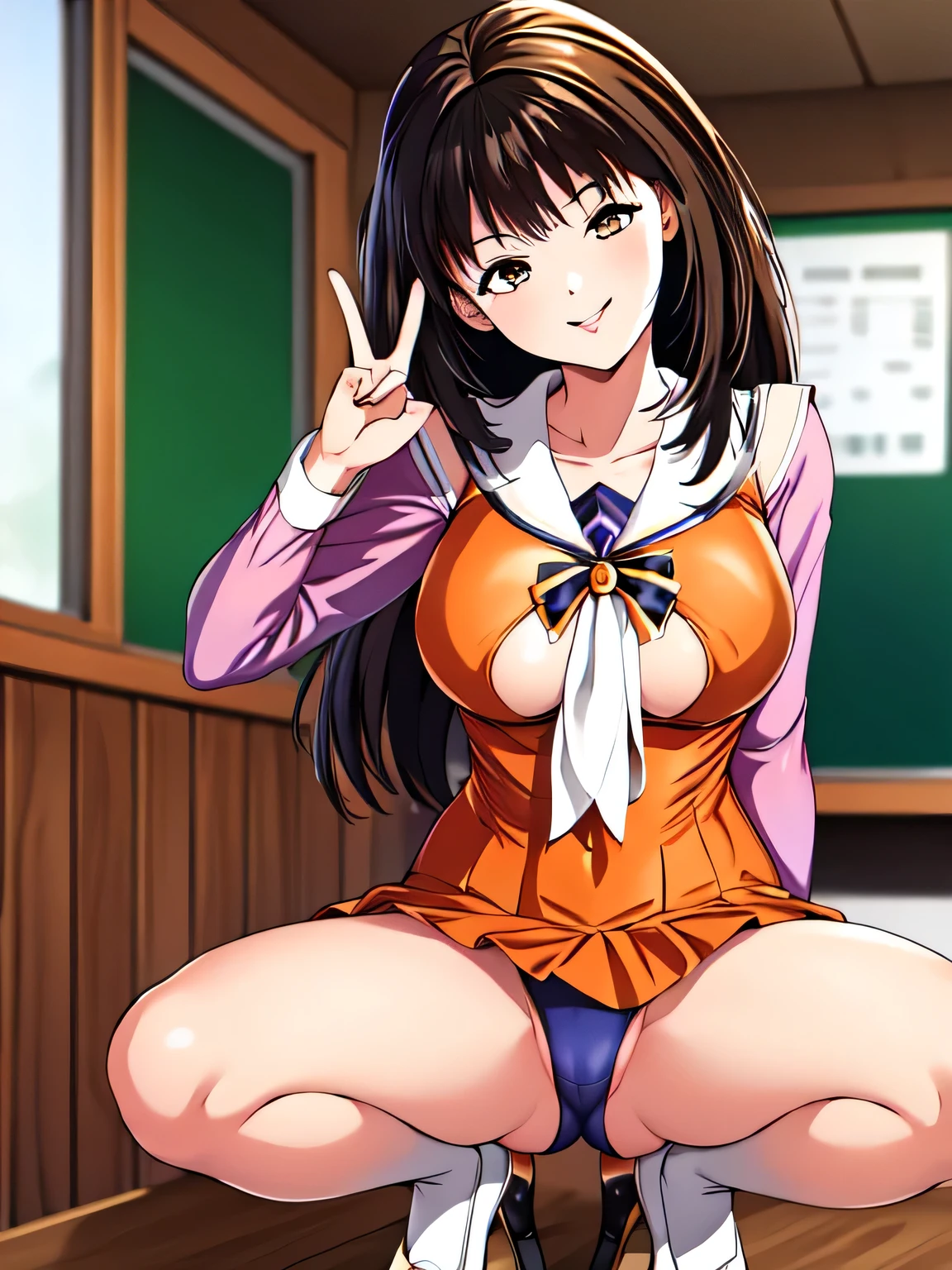 masterpiece,Highest quality,High resolution,Super detailed,One girl,Long Hair,Twin tails,Side Lock,bangs,Shash,(Orange vest:1.1),Collared shirt,Long sleeve,赤いPencil Skirt,Pencil Skirt,High heels,White footwear,indoor,classroom,smile,(study:1.2),machine,Chair,Squat with your legs apart,With her legs spread, her panties are visible、Navy blue panties、Soaked costume、Detailed costume、peace sign、Double Peace
