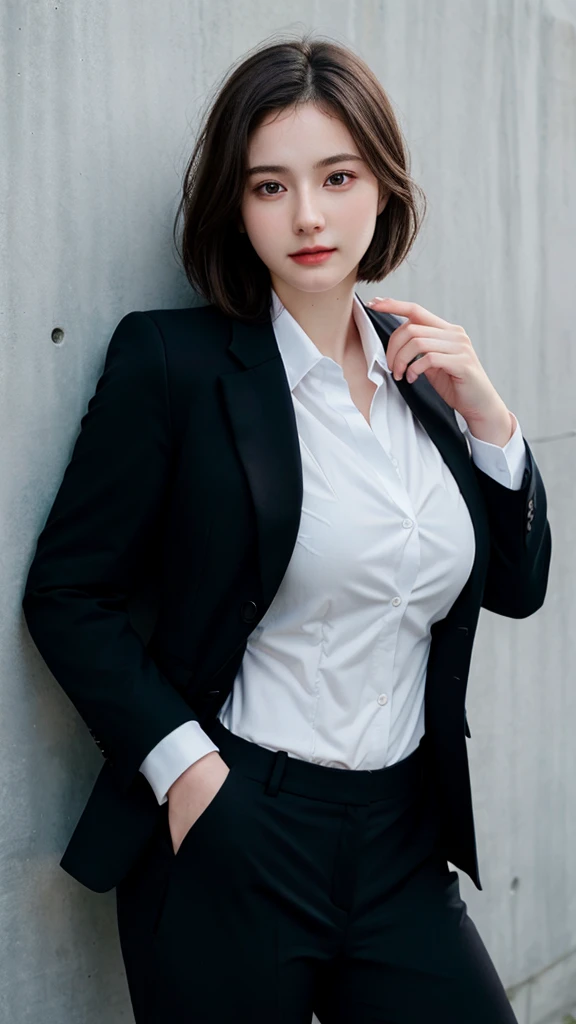 ((best quality)), photorealistic, photorealism, Photorealistic, high resolution, Beautiful, Baby Face, 20 Years Old, White Skin, pale skin, thick body, Combat pose, ((Detailed face)), short hair, ((wearing business suit, shirt, formal suit, blazer, black trouser)), Fingers are occluded, ((detailed fingers)), concrete wall background, front angle, half body close up