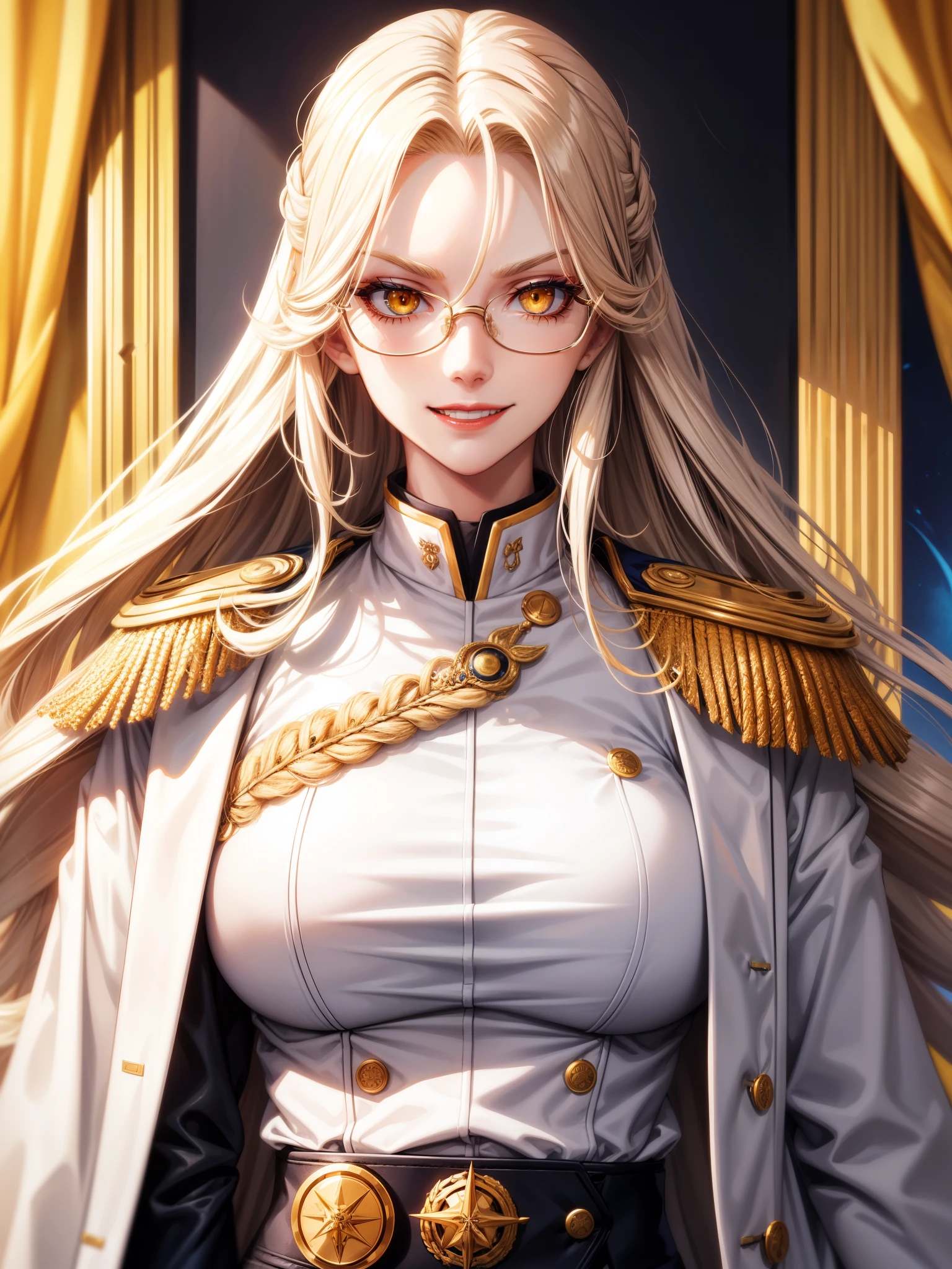 tall woman, volumptious body, long blonde hair, glasses, wild hair, evil smile, evil eyes, piercing yellow eyes, white military uniform, white coat hanging on the shoulder, navy blue shirt, red lipstick, looking at viewer, crazy