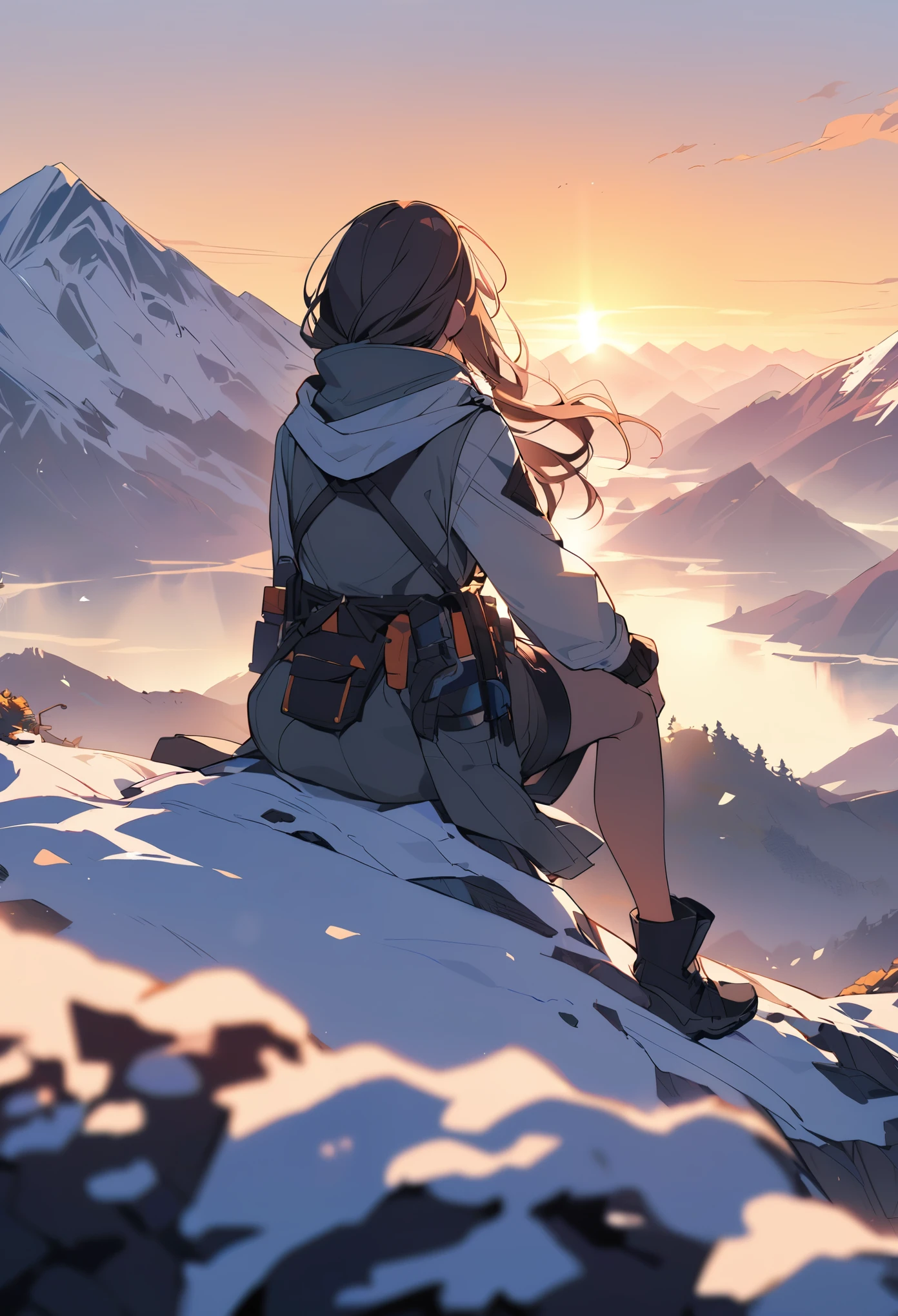 A female adventurer sitting on the top of a mountain watching the sunrise,Back view