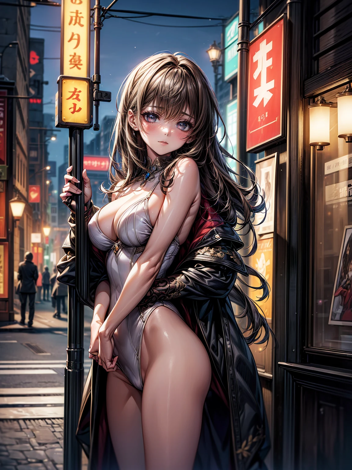 (masterpiece, Highest quality, Super detailed:1.3), Perfect composition, 4K, (Very detailed, Super detailed), Soft lighting, barefoot, High resolution, 8k Texture, Attention to detail, Very detailed肌の質感, Magnificent details, High Sharpness, One girl, (Fine grain:1.3), (18-year-old girl:1.3), (skinny), (Big Breasts), small, on the road, In public, City of night, night lighting, Neon Light, (Enamel high leg suit), figure, (masturbation:1.5)