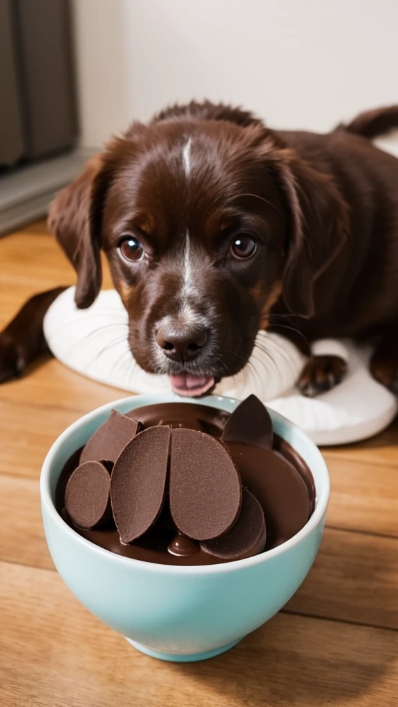A small chocolate dog eating