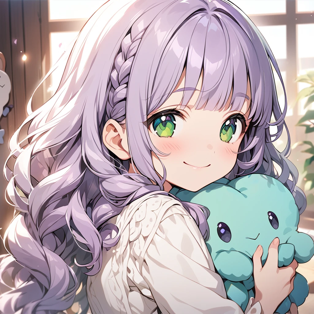 (Cute a girl:1.5), (masterpiece:1.3), anime visual, (a gril with semi long twin braids wavy hair, pale purple blunt bangs hair, dark green eyes,smiling:1.3), (Lovey-dovey:1.5), (tilt head:1.3),