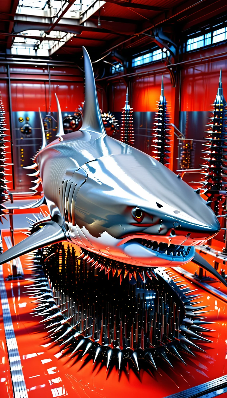 There is no one, Reality Photos, Reality Photos, Realistic photos of creatures like great white sharks, spikes, multicolored sparkling, strange and, Surreal and, the other world, A robotic factory with a shiny assembly plant, intricate details, very sharp, Sophisticated details, Flawless composition, vivid colors, masterpiece, futuristic, metal decoration, The shiny red interior is empty., polished, ray tracing
