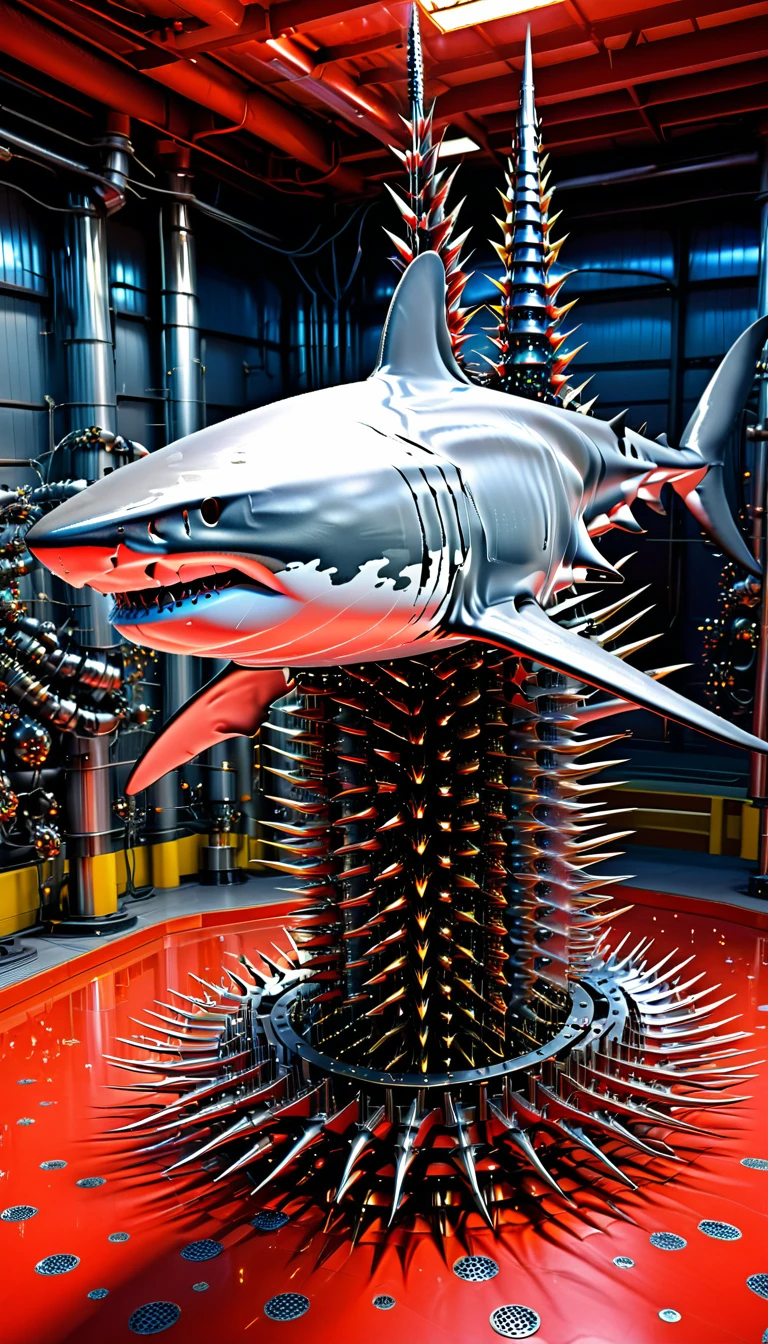 There is no one, Reality Photos, Reality Photos, Realistic photos of creatures like great white sharks, spikes, multicolored sparkling, strange and, Surreal and, the other world, A robotic factory with a shiny assembly plant, intricate details, very sharp, Sophisticated details, Flawless composition, vivid colors, masterpiece, futuristic, metal decoration, The shiny red interior is empty., polished, ray tracing