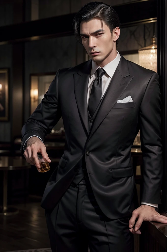 man, tall and fit, as mafia boss, with a glass of whiskey in one hand, in completely black suit, with short black hair, while sexy modeling, in different positions.