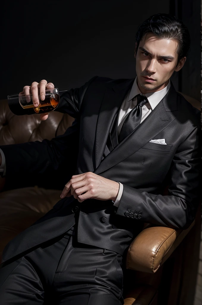 man, tall and fit, as mafia boss, with a glass of whiskey in one hand, in completely black suit, with short black hair, while sexy modeling, in different positions.