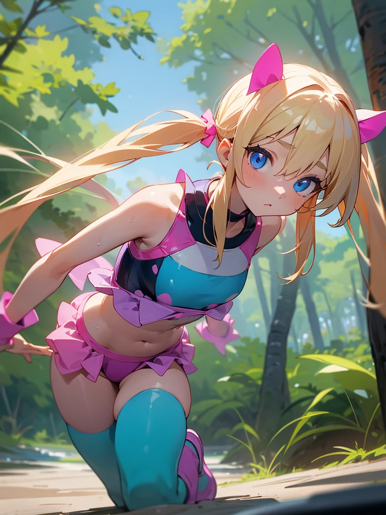 1 girl, two pigtails falling over her shoulders with pink rubber bands, blond hair, wearing a pink swimsuit, Dragon Ball style, in a forest in front of a beautiful lake