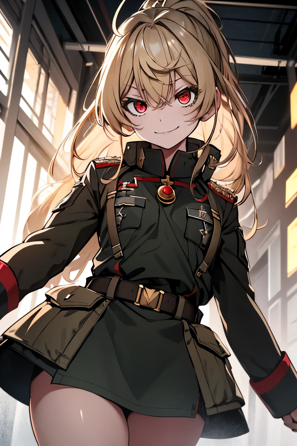 (masterpiece, best quality: 1.1), 1girl solo, tanya, 1girl, solo, , flat chest, small breasts, curvy, military, military uniform, ,, evil smile, wicked expression, anger, red eyes, neutral lighting