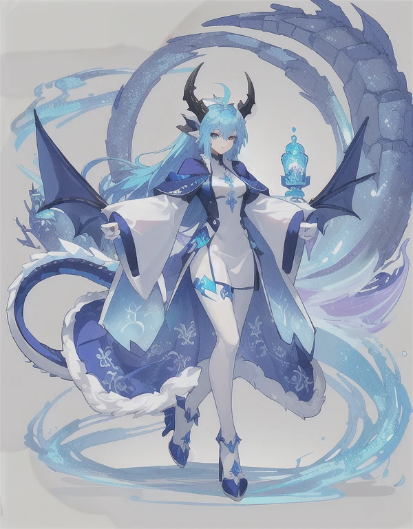 There is a blue and white dragon，Anthropomorphic dragon, Young female anthropomorphic dragon, but Anthropomorphic dragon,  professional furry, Female anthropomorphic dragon, human dragon art, Suitable for whole body, Adaptable personality, This character has cryokinesis abilities, Frost Dragon