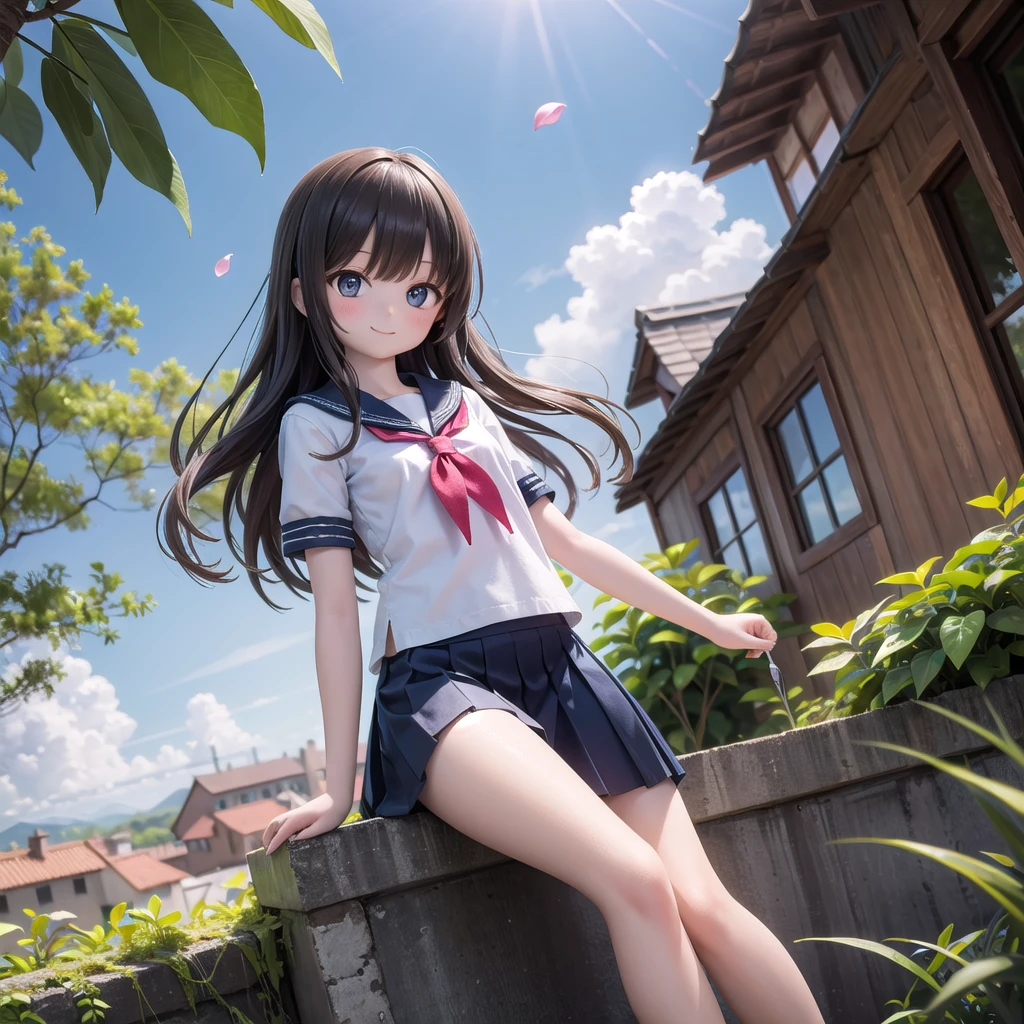 (masterpiece), town, blue sky, One Girl, smile, alone, Sailor suit、Long skirt, Overgrown, petal, plant、Skirt lining、Translucent slip、Nostalgic、Strong winds、Skirt fluttering in the wind