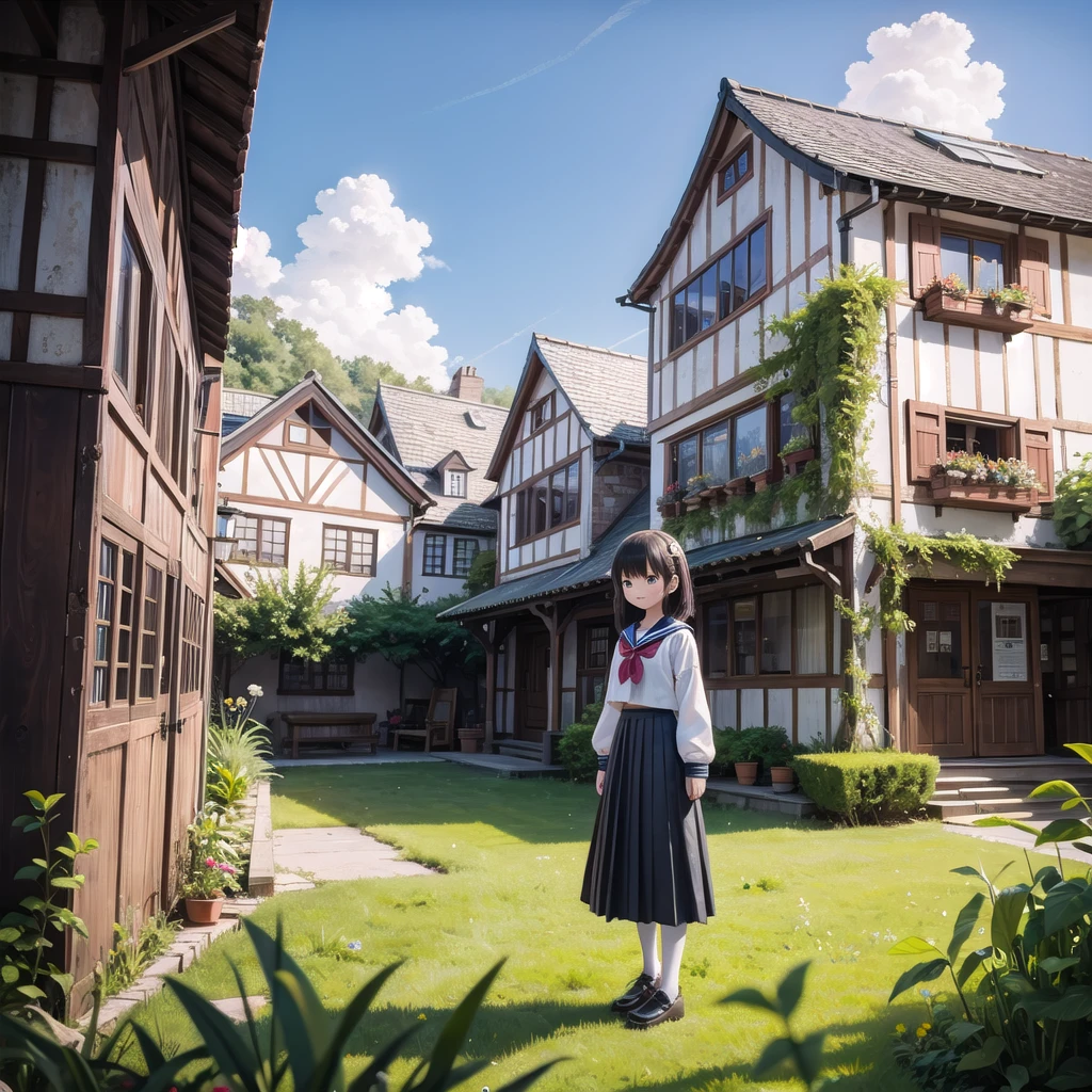 (masterpiece),  town,  blue sky,  One Girl,  smile,  alone,  Sailor suit、Long skirt,  Overgrown,  petal,  plant、Skirt lining、Translucent slip、Nostalgic